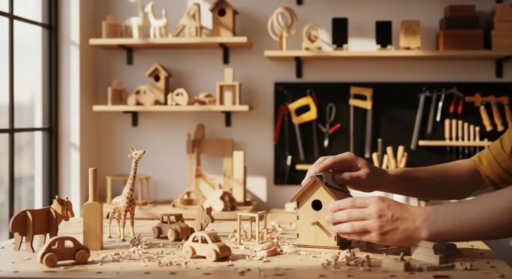 Mãos de uma pessoa trabalhando em madeira para construir uma pequena casa.