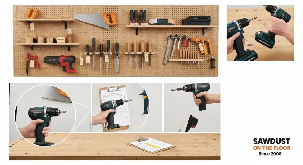 Imagens de ferramentas elétricas usadas na preparação de madeira para construir pequenos presentes.