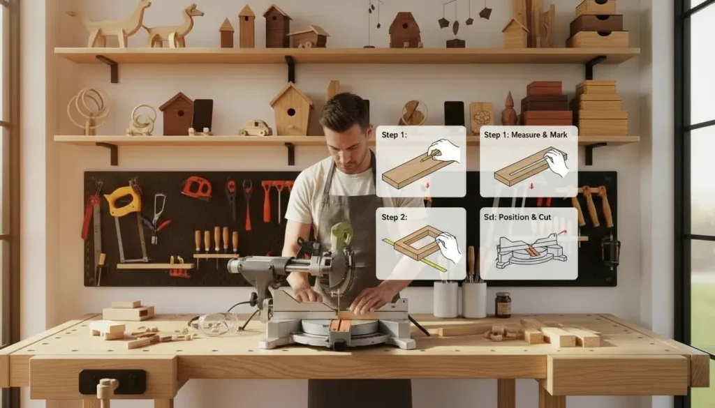 Um homem de avental de marceneiro trabalhando na sua carpintaria.