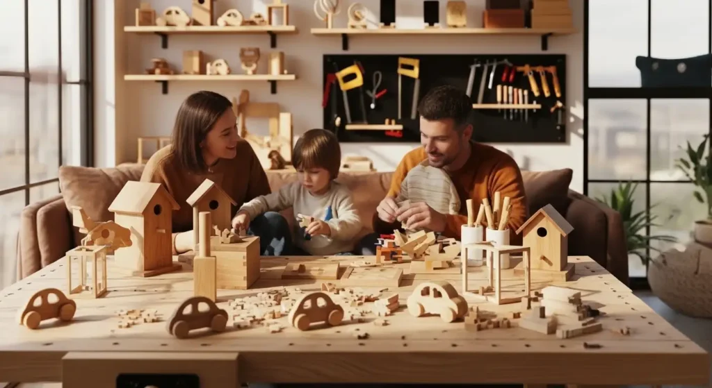 Família reunida brincando com pequenos objetos confeccionados de madeira